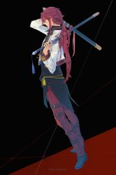 Rule 34 | 1boy, aaron wei, black background, cropped jacket, curtained hair, dual wielding, eiyuu densetsu, from side, full body, highres, holding, holding sword, holding weapon, kuro no kiseki, miche (locominima), pommel tassel, ponytail, red background, red eyes, shoes, solo, sword, tassel, two-tone background, weapon, yellow eyes