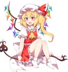 Rule 34 | 1girl, :d, ankle socks, ascot, blush, commentary, crystal, fang, flandre scarlet, frilled shirt collar, frills, hair between eyes, hat, hat ribbon, highres, kaoling, knees up, laevatein, long hair, looking at viewer, miniskirt, mob cap, one side up, open mouth, petticoat, puffy short sleeves, puffy sleeves, red ribbon, red skirt, red vest, ribbon, shirt, short sleeves, simple background, sitting, skirt, skirt set, smile, socks, solo, touhou, vest, white background, white hat, white shirt, white socks, wings, yellow ascot