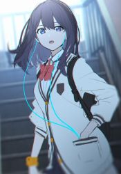 Rule 34 | 1girl, backpack, bag, bare legs, black hair, blue eyes, bow, bowtie, cardigan, collared shirt, earbuds, earphones, gridman universe, hand in pocket, long hair, long sleeves, open mouth, orange scrunchie, railing, red bow, red bowtie, school uniform, scrunchie, shirt, skirt, solo, ssss.gridman, stairs, straight hair, sweater, takarada rikka, thighs, white cardigan, white shirt, white sweater, wrist scrunchie, xiujia yihuizi