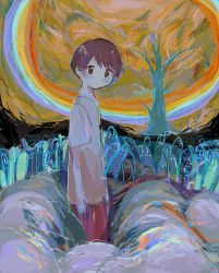 Rule 34 | 1boy, abstract, bad id, bad twitter id, brown hair, cowboy shot, from side, highres, looking at viewer, male focus, original, rainbow, shirt, short hair, short sleeves, solo, surreal, tabmur, tree, white shirt