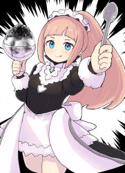 Rule 34 | 1girl, :q, black dress, blue eyes, brooch, dress, felicia (fire emblem), fire emblem, fire emblem fates, food, holding, holding spoon, jewelry, kutabireta neko, light brown hair, long hair, looking at viewer, maid, maid headdress, nintendo, ponytail, shaved ice, smile, solo, spoon, tongue, tongue out