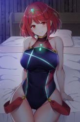 Rule 34 | 1girl, bed, black one-piece swimsuit, breasts, competition swimsuit, covered navel, earrings, gem, headpiece, highres, jewelry, large breasts, looking at viewer, nintendo, noeomi, one-piece swimsuit, pyra (pro swimmer) (xenoblade), pyra (xenoblade), red eyes, red hair, short hair, solo, swept bangs, swimsuit, tiara, xenoblade chronicles (series), xenoblade chronicles 2