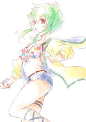 Rule 34 | 1girl, asellus (saga frontier), bikini, bikini top only, bracelet, breasts, cross-laced clothes, cross-laced legwear, green hair, hood, hoodie, jewelry, looking at viewer, medium breasts, no s, open mouth, saga, saga frontier, short hair, shorts, simple background, solo, swimsuit, white background