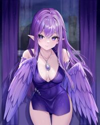 Rule 34 | 1girl, absurdres, bare shoulders, breasts, cleavage, dress, feathered wings, feathers, harpy, highres, jewelry, long hair, marissa (amos defamos), medium breasts, monster girl, necklace, original, pointy ears, purple eyes, purple feathers, purple hair, purple wings, sleeveless, solo, thighs, tight clothes, tight dress, winged arms, wings, yaya chan