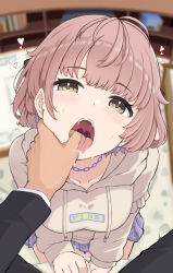 Rule 34 | 1boy, 1girl, blurry, blurry background, blush, breasts, censored, chain necklace, collarbone, cum, finger in another&#039;s mouth, grey hoodie, head tilt, heart, heart censor, hetero, highres, hood, hoodie, idolmaster, idolmaster shiny colors, ikuta haruki, implied handjob, indoors, jewelry, looking at viewer, medium breasts, necklace, open mouth, pink hair, pov, pov hands, producer (idolmaster), saliva, speech bubble, sweat, temari rin, tongue, tongue out