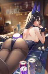 Rule 34 | 1girl, absurdres, animal ears, ass, back, bar (place), black hair, black leotard, blush, breasts, card, character request, copyright request, finger to mouth, from behind, hair between eyes, hand on own cheek, hand on own face, highres, indoors, large breasts, leotard, long hair, looking at viewer, lying, on stomach, on table, pantyhose, playboy bunny, playing card, poker chip, poker table, purple leotard, rabbit ears, rabbit tail, sino42, skindentation, solo, strap, table, tail, thighband pantyhose, very long hair, wrist cuffs