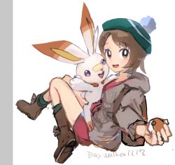 Rule 34 | 1girl, arm up, artist name, backpack, bag, beret, blush, boots, breasts, brown eyes, brown footwear, brown hair, buck teeth, cardigan, creatures (company), day walker1117, dress, english text, female focus, from side, full body, game freak, gen 8 pokemon, gloria (pokemon), green headwear, green legwear, grey cardigan, hand up, happy, hat, holding, holding poke ball, leaning back, light blush, long sleeves, looking up, matching hair/eyes, nintendo, open mouth, pink dress, poke ball, poke ball (basic), pokemon, pokemon (creature), pokemon swsh, pom pom (clothes), red eyes, scorbunny, short dress, short hair, sidelocks, signature, simple background, sitting, sketch, small breasts, smile, socks, standing, swept bangs, teeth, white background