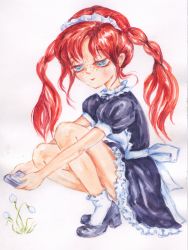 Rule 34 | maid, original, painting (medium), red hair, robingi, solo, tagme, traditional media, watercolor (medium)