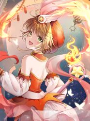 Rule 34 | 1girl, :d, alternate costume, back, bare shoulders, brown hair, cardcaptor sakura, collar, detached collar, detached sleeves, fire, from behind, green eyes, highres, holding, holding wand, hoshi no tsue, kinomoto sakura, looking at viewer, magical girl, momo-tako, open mouth, red collar, short hair, smile, solo, star (symbol), turban, veil, wand