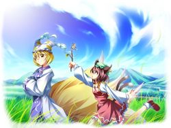 Rule 34 | 2girls, animal ears, animal hat, blonde hair, brown eyes, brown hair, bug, butterfly, cat ears, cat girl, cat tail, chen, day, dress, earrings, female focus, field, fox tail, grass, hands in opposite sleeves, hat, insect, jewelry, long sleeves, mob cap, multiple girls, multiple tails, mob cap, short hair, sky, stick, tabard, tail, touhou, wide sleeves, yakumo ran, yellow eyes