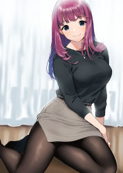 Rule 34 | 1girl, :3, belt, black pantyhose, blue eyes, breasts, closed mouth, commentary request, curtains, doushimasho, gradient hair, green sweater, grey skirt, highres, indoors, jewelry, large breasts, long sleeves, looking at viewer, miniskirt, multicolored hair, necklace, no shoes, on floor, original, pantyhose, pencil skirt, pink hair, purple hair, ring, sitting, skirt, smile, solo, sweater, yokozuwari