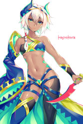 Rule 34 | 1girl, armband, artist name, bare shoulders, braid, braided ponytail, breasts, closed mouth, collarbone, cowboy shot, dagger, dark-skinned female, dark skin, detached sleeves, hagino kouta, hair between eyes, headdress, highleg, highleg panties, highres, holding, holding weapon, knife, multicolored clothes, navel, original, panties, side braid, signature, single braid, small breasts, solo, strapless, thigh strap, thighhighs, tube top, underwear, waist cape, weapon, white background, white hair, yellow eyes