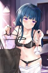 Rule 34 | 1girl, :&lt;, bed, black dress, black panties, blue hair, blunt bangs, blush, bow, bow bra, bow panties, bra, breasts, cleavage, clothes hanger, unworn clothes, collarbone, curtains, dark blue hair, depe, dress, frown, hair over shoulder, highres, indoors, lace, lace-trimmed bra, lace trim, lamp, love live!, love live! sunshine!!, messy hair, mirror, navel, neckerchief, panties, pleated skirt, purple eyes, shirt, skirt, sleeveless, sleeveless dress, small breasts, solo, sunlight, tsushima yoshiko, underwear, unzipped, white bow, white shirt, white skirt