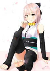 Rule 34 | 1girl, ahoge, arm support, arm warmers, bad id, bad pixiv id, bare shoulders, barefoot, black bow, black thighhighs, bow, brown eyes, commentary request, dango, eating, fate/grand order, fate (series), feet, food, hair bow, koha-ace, looking at viewer, mugipot, obi, okita souji (fate), okita souji (koha-ace), petals, pink hair, sandals, sash, short hair, sitting, sketch, sleeping, soles, solo, thighhighs, toeless legwear, toes, wagashi