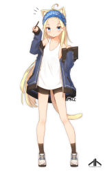 Rule 34 | 1girl, :&lt;, absurdres, ahoge, animal ear fluff, animal ears, bare shoulders, bike shorts, black shorts, black socks, blonde hair, blue eyes, blue jacket, blush, cat ears, cat girl, cat tail, closed mouth, collarbone, coreytaiyo, dated, drawing tablet, forehead, full body, hands up, highres, holding, holding stylus, jacket, long hair, looking at viewer, off shoulder, open clothes, open jacket, original, shoes, short shorts, shorts, signature, simple background, socks, solo, standing, stylus, tail, tank top, translation request, very long hair, virtual youtuber, white background, white footwear, white tank top
