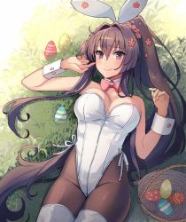 Rule 34 | 1girl, animal ears, bare shoulders, black pantyhose, boots, bow, bowtie, breasts, brown hair, easter, easter egg, egg, fake animal ears, flower, hair between eyes, hair flower, hair intakes, hair ornament, highres, kantai collection, kasumi (skchkko), large breasts, leotard, long hair, looking at viewer, lying, on back, outdoors, pantyhose, pink bow, pink bowtie, playboy bunny, ponytail, purple eyes, rabbit ears, solo, thigh boots, thighhighs, thighhighs over pantyhose, very long hair, white footwear, white leotard, wrist cuffs, yamato (kancolle)
