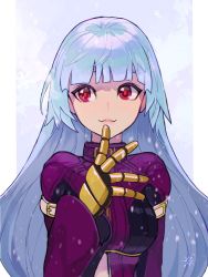 Rule 34 | 1girl, :3, belt, belt collar, blue background, blue hair, bodysuit, breasts, closed mouth, collar, finger to face, gloves, highres, kula diamond, long hair, looking at viewer, medium breasts, oni gini, purple eyes, simple background, smile, snk, snow, solo, the king of fighters, the king of fighters xiv, turtleneck, upper body, zipper