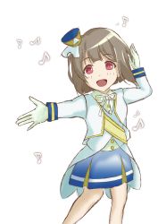 Rule 34 | 1girl, absurdres, artist name, artist request, bare legs, blue skirt, blush, bow, bowtie, breasts, brown hair, buttons, collared shirt, cropped jacket, dress, dress shirt, female focus, gloves, grey hair, hat, highres, jacket, light brown hair, long sleeves, looking at viewer, love live!, love live! nijigasaki high school idol club, love live! school idol festival, mini hat, miniskirt, musical note, nakasu kasumi, neck ribbon, nijiiro passion!, nijiiro passions! (love live!), parted lips, plaid, plaid skirt, pleated, pleated skirt, rainbow-colored passions!, red eyes, ribbon, salute, sash, shako cap, shirt, short hair, skirt, sleeve cuffs, small breasts, smile, solo, white background, white gloves, white jacket, white ribbon, white shirt, yellow bow, yellow ribbon, yellow sash