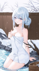 Rule 34 | 1girl, absurdres, arm support, bare arms, bare shoulders, bare tree, blue eyes, branch, breasts, bucket, choc, cleavage, commentary, day, fence, grey hair, hair bun, hand on own chest, hand up, highres, long hair, looking at viewer, medium breasts, naked towel, onsen, original, outdoors, revision, rock, sidelocks, single hair bun, sitting, snow, snowing, soaking feet, solo, symbol-only commentary, thighs, towel, tree, water, white towel, winter, wooden bucket, wooden fence