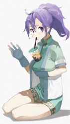 Rule 34 | 1girl, absurdres, ahoge, blouse, blush, breast hold, breast rest, breasts, bubble tea, bubble tea challenge, chiisamekai, commentary request, cup, disposable cup, dress, drinking straw, fingerless gloves, fir (fire emblem), fire emblem, fire emblem: the binding blade, gloves, gold trim, green dress, green gloves, green shirt, hair between eyes, highres, long hair, looking at viewer, medium breasts, nintendo, ponytail, purple eyes, purple hair, seiza, shadow, shirt, short dress, short sleeves, sidelocks, simple background, sitting, solo, tareme, thighs, waving, white background