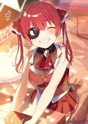 Rule 34 | 1girl, absurdres, bare shoulders, closed eyes, highres, hololive, houshou marine, looking at viewer, red hair, red skirt, skirt, smile, sofra, solo, twintails, virtual youtuber