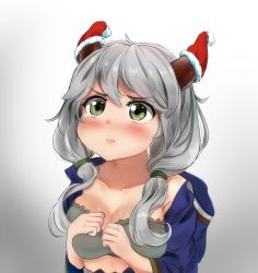 Rule 34 | 1girl, blush, braco, breast press, breasts, camieux, cleavage, commentary, crying, crying with eyes open, draph, fur-trimmed headwear, fur trim, gradient background, granblue fantasy, green eyes, grey background, grey hair, hat, highres, horn ornament, horns, jacket, long hair, low twintails, medium breasts, open clothes, open jacket, pout, santa hat, solo, symbol-only commentary, tears, twintails, upper body, white background