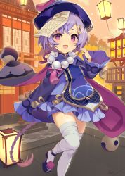 Rule 34 | 1girl, blue hat, commentary request, genshin impact, hair ornament, hand up, hat, highres, icomochi, long sleeves, looking at viewer, ofuda, open mouth, outdoors, purple hair, qingdai guanmao, qiqi (genshin impact), short hair, sleeves past fingers, sleeves past wrists, solo, thighhighs, white thighhighs