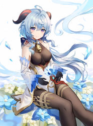 Rule 34 | 1girl, absurdres, ahoge, bare shoulders, bell, blue hair, blush, bodystocking, breasts, detached sleeves, ganyu (genshin impact), genshin impact, gloves, highres, horns, kyo (maae00), legs together, long hair, looking at viewer, low ponytail, medium breasts, neck bell, purple eyes, sidelocks, smile, solo, thighs