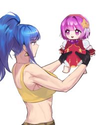 Rule 34 | 2girls, asamiya athena, bare shoulders, blue eyes, blue hair, china dress, chinese clothes, dan koflove, doll, dress, earrings, gloves, hair ornament, highres, holding, holding doll, jewelry, leona heidern, multiple girls, ponytail, purple eyes, purple hair, short hair, star (symbol), star hair ornament, tank top, the king of fighters, the king of fighters xiv, toned, triangle earrings, yellow tank top