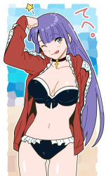 Rule 34 | 1girl, absurdres, aoba (smartbeat), bikini, black bikini, blue eyes, breasts, choker, cleavage, collarbone, cross, cross choker, fate/grand order, fate (series), highres, jacket, large breasts, long hair, long sleeves, looking at viewer, martha (fate), martha (swimsuit ruler) (fate), martha (swimsuit ruler) (second ascension) (fate), navel, one eye closed, open clothes, open jacket, purple hair, red jacket, smile, solo, swimsuit, thighs, tongue, tongue out