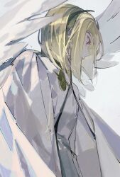 Rule 34 | 1boy, 1mayusibayu, blonde hair, brother one, cloak, drag-on dragoon, drag-on dragoon 3, feathered wings, highres, male focus, medium hair, red eyes, shirt, simple background, solo, upper body, white background, white cloak, white shirt, white wings, wings