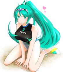 Rule 34 | 1girl, anklet, bare arms, bare legs, bare shoulders, breasts, competition swimsuit, earrings, female focus, green eyes, green hair, hair ornament, heart, jewelry, kneeling, large breasts, long hair, looking at viewer, matching hair/eyes, mizss, nintendo, one-piece swimsuit, pneuma (xenoblade), ponytail, smile, solo, spoilers, swept bangs, swimsuit, tiara, very long hair, white background, white footwear, xenoblade chronicles (series), xenoblade chronicles 2