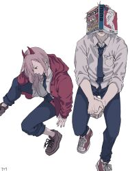 Rule 34 | 1boy, 1girl, black necktie, black pants, blonde hair, book, chainsaw man, collared shirt, covered eyes, denji (chainsaw man), highres, hood, hoodie, horns, long hair, looking to the side, necktie, own hands together, pants, pink hair, power (chainsaw man), red hoodie, red horns, shirt, shirt partially tucked in, shirt tucked in, short hair, simple background, ufkqz, white background, white shirt