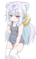Rule 34 | 1boy, blue hair, bulge, hacka doll, hacka doll 3, male focus, one-piece swimsuit, saezuru usagi, solo, swimsuit, thighhighs, trap, twintails