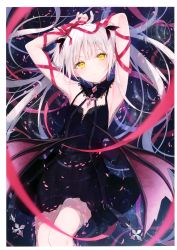 Rule 34 | 1girl, absurdres, armpits, arms up, bare arms, bare legs, bare shoulders, black dress, blurry, demon girl, demon wings, depth of field, dress, hair spread out, highres, long hair, looking at viewer, lying, on back, original, parted lips, partially submerged, red ribbon, ribbon, rurudo, scan, silver hair, sleeveless, sleeveless dress, solo, twintails, water, wings, yellow eyes