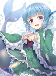 Rule 34 | 1girl, :d, backlighting, bad id, bad pixiv id, blue eyes, blue hair, blunt bangs, drill hair, fins, fish, frilled kimono, frills, half-closed eyes, head fins, head tilt, japanese clothes, kimono, mermaid, monster girl, nnyara, open mouth, quad drills, short hair, smile, solo, touhou, wakasagihime, water