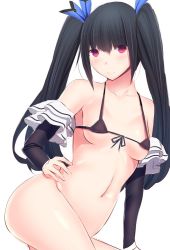 Rule 34 | 1girl, bare shoulders, black bra, black hair, blush, bottomless, bra, breasts, collarbone, commentary request, cowboy shot, daiaru, detached sleeves, hair ribbon, long hair, looking at viewer, medium breasts, micro bra, navel, neptune (series), noire (neptunia), red eyes, ribbon, simple background, smile, solo, twintails, underwear, white background