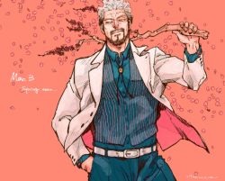 Rule 34 | 1boy, achio888, aqua pants, beard, branch, dated, facial hair, formal, golden kamuy, hand in pocket, holding, holding branch, long sleeves, male focus, mustache, nihei tetsuzou, pants, petals, pink background, solo, standing, striped clothes, striped vest, suit, vest, white hair, white suit