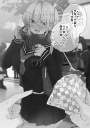 Rule 34 | 1boy, 4girls, bag, blurry, blurry background, blush, breasts, breath, commentary request, day, depth of field, fringe trim, gift, greyscale, hair between eyes, hand up, highres, holding, holding gift, long sleeves, looking at viewer, medium breasts, monochrome, multiple girls, neckerchief, nose blush, open mouth, original, outdoors, plaid, plaid scarf, pleated skirt, ryouma (galley), sailor collar, scarf, school bag, school uniform, serafuku, shirt, skirt, sleeves past wrists, solo focus, translation request, twintails, v-shaped eyebrows, valentine