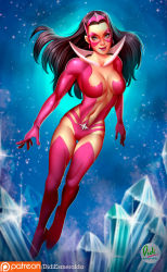 Rule 34 | 1girl, artist name, black hair, bodysuit, boots, breasts, center opening, cleavage, crystal, dc comics, didi esmeralda, earrings, gloves, highres, jewelry, mask, navel, patreon logo, patreon username, solo, sparkle, star (symbol), star sapphire (dc), tiara