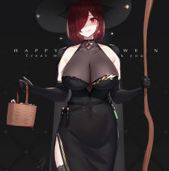 Rule 34 | 1girl, :q, bare shoulders, black cape, black dress, blood, blush, bob cut, breasts, candy, cape, cleavage, collarbone, dress, earrings, food, gloves, gold trim, hair between eyes, hair over one eye, halloween, halloween costume, hat, hayabusa, highres, holding, holding staff, jewelry, large breasts, long hair, looking at viewer, mole, mole on breast, mole under eye, original, pendant, red eyes, red hair, short hair, side slit, slit pupils, smile, solo, staff, thighhighs, thighs, tongue, tongue out, vial, witch, witch hat