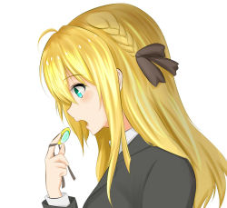 Rule 34 | 1girl, ahoge, alternate costume, blonde hair, blush, braid, brooch, collar, collared shirt, commentary, from side, green eyes, grey jacket, grey ribbon, hair between eyes, hair ornament, hair ribbon, highres, holding, holding jewelry, jacket, jewelry, long hair, long sleeves, looking down, open mouth, ribbon, shirt, sidelocks, simple background, solo, upper body, violet evergarden, violet evergarden (series), white background, white shirt, zaijian shi
