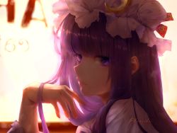 Rule 34 | 1girl, backlighting, bloom, closed mouth, crescent, crescent hair ornament, frilled sleeves, frills, hair ornament, hat, hat ribbon, highres, kureihii, light, long hair, looking at viewer, mob cap, pajamas, patchouli knowledge, purple eyes, purple hair, red ribbon, ribbon, ruffling hair, signature, solo, sunlight, touhou, twitter username, upper body
