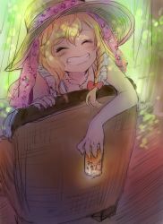 Rule 34 | 1girl, ^ ^, armchair, bare shoulders, blonde hair, blush, bow, braid, brown hat, can, chair, closed eyes, collarbone, curtains, dress, drink can, eyebrows, facing viewer, floral print, food, food print, frills, fruit, grin, happy, hat, highres, holding, indoors, jewelry, kirisame marisa, long hair, necklace, orange (fruit), orange print, parted lips, pendant, red bow, rosette (roze-ko), single braid, sitting, sitting backwards, sketch, sleeveless, smile, soda can, solo, star (symbol), star necklace, sun hat, sundress, teeth, touhou, veil, wooden floor