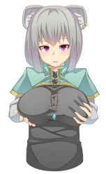 Rule 34 | 1girl, alternate breast size, animal ears, bad id, bad twitter id, blush, breast hold, breasts, capelet, deep skin, earrings, female focus, grey hair, highres, jewelry, jpeg artifacts, large breasts, michihasu, mouse ears, nazrin, pendant, pink eyes, raised eyebrow, grabbing own breast, shirt, short hair, simple background, solo, taut clothes, taut shirt, touhou, upper body, white background