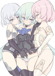 Rule 34 | 10s, 3girls, ass, bare shoulders, black gloves, blade (galaxist), blue eyes, blue hair, blush, breasts, commentary request, cowboy shot, elbow gloves, frame arms girl, girl sandwich, gloves, hand in panties, materia (frame arms girl), materia kuro, materia shiro, mecha musume, multiple girls, panties, pink eyes, pink hair, purple eyes, sandwiched, short hair, simple background, skirt, small breasts, smile, standing, striped clothes, striped panties, stylet, stylet (frame arms girl), thigh gap, thighhighs, twintails, underwear, white background, white panties, yuri