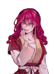 Rule 34 | 1girl, akatsuki no yona, bad id, bad twitter id, belt, commentary request, dress, earrings, hair between eyes, jewelry, korean commentary, looking to the side, medium hair, pink dress, purple eyes, red hair, red vest, simple background, solo, upper body, vest, white background, yona (akatsuki no yona), yona hyeon