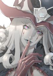 Rule 34 | 1boy, blue eyes, blue lips, blush, butterfly ornament, cape, clock, colored skin, curly hair, demon boy, eyelashes, fate/grand order, fate (series), finger to mouth, fur-trimmed cape, fur collar, fur trim, hat, headpiece, highres, horns, light particles, limited palette, loveyama, makeup, male focus, medium hair, mephistopheles (fate), multicolored eyes, multiple tails, pale skin, purple eyes, shushing, solo, tail, teardrop, thick eyebrows, white skin