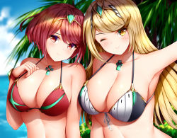 Rule 34 | 2girls, armpits, bare shoulders, beach, bikini, blonde hair, blue sky, blush, bracelet, breasts, cleavage, closed mouth, cloud, collarbone, commentary, day, gem, hair between eyes, hair ornament, headpiece, highres, holding, jewelry, large breasts, leaf, long hair, looking at viewer, multicolored clothes, multiple girls, mythra (xenoblade), nintendo, ocean, one eye closed, outdoors, palm tree, pyra (xenoblade), reaching, reaching towards viewer, red eyes, red hair, selfie, short hair, sky, smile, swept bangs, swimsuit, tiara, tree, water, wsman, xenoblade chronicles (series), xenoblade chronicles 2, yellow eyes