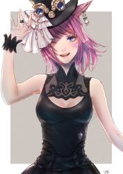 Rule 34 | 1girl, ;d, animal ears, black dress, black hat, blue eyes, breasts, butterfly tattoo, cam (cammero95713700), cat ears, cleavage cutout, clothing cutout, dress, earrings, facial mark, facial tattoo, final fantasy, final fantasy xiv, hat, highres, jewelry, looking at viewer, medium breasts, medium hair, miqo&#039;te, mole, mole under eye, one eye closed, open mouth, pink hair, ring, signature, sleeveless, sleeveless dress, smile, solo, tattoo, teeth, top hat, two-tone background, upper body, warrior of light (ff14), whisker markings, wrist cuffs